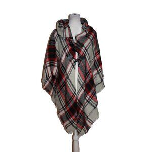 Mixit One Size Poncho Wrap Plaid Red Gray Black Fringe Trim Toggle